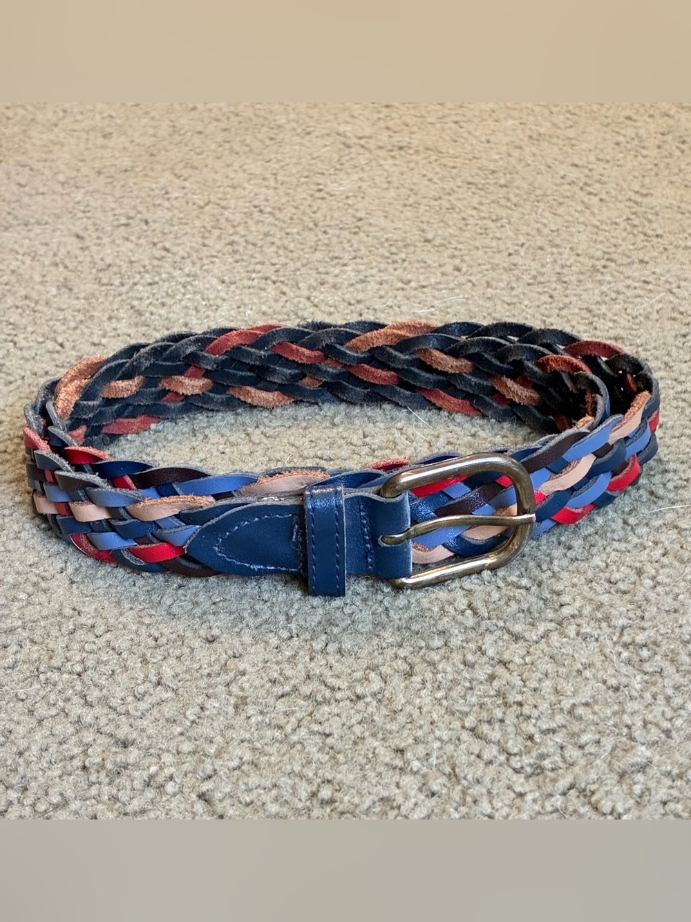 Woven Multicolor Leather Belt - Navy, Red & Beige M/L 38” USA